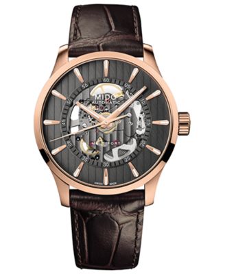 Mido - Men's Swiss Automatic Multifort Skeleton Vertigo Brown Leather Strap Watch 42mm