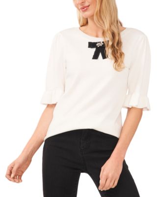 CeCe - Women's Cotton Bow Elbow-Sleeve Sweater