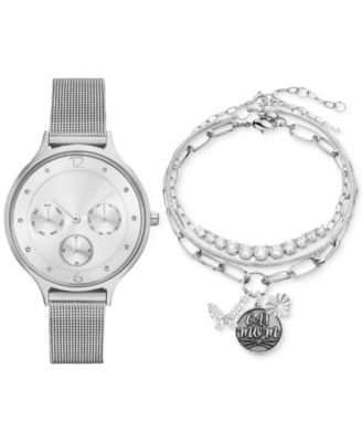 Jessica Carlyle - Women's Holiday 2022 Silver-Tone Mesh Metal Alloy Bracelet Watch 36mm Gift Set