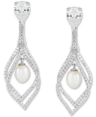 Arabella - Cultured Freshwater Pearl (9 x 7mm) & Cubic Zirconia Orbital Drop Earrings in Sterling Silver
