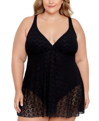 Swim Solutions - Plus Size Tummy Control Flyaway Lace Swimdress