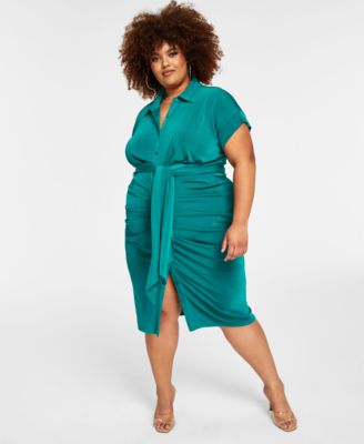Nina Parker - Trendy Plus Size Tie-Front Ruched Shirtdress
