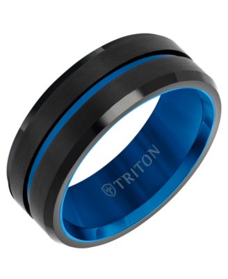 Triton - Men's Brushed Finish Wedding Band in Black & Blue Tungsten Carbide