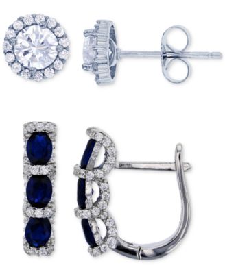 Macy's - 2-Pc. Set Lab-Created Spinel (2 ct. t.w.) & Cubic Zirconia Halo Stud & Three Stone Leverback Earrings in Sterling Silver (Also in Green Cubic Zirconia & Lab-Created Ruby)