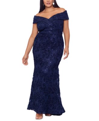 XSCAPE - Plus Size Embellished Lace Off-The-Shoulder Gown