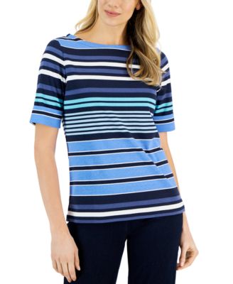 Karen Scott - Petite Striped Elbow-Sleeve Top, Created for Macy's