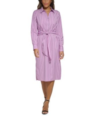 Donna Karan New York - Women's Striped Button-Placket Tie-Waist Dress