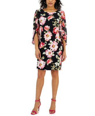 Connected - Women's Floral-Print Round-Neck Cape-Sleeve Dress