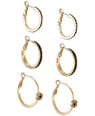 GUESS - Gold-Tone 3-Pc. Set Jet Pav&eacute; & Glitter Hoop Earrings