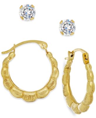 Macy's Brand - Cubic Zirconia and Ribbed Hoop Earring Set in 10k Gold