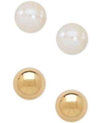 Macy's Brand - 2-Pc Set Cultured Freshwater Pearl (3-3/4mm) and Gold Ball Earring Set in 14k Gold