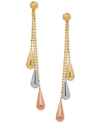 Italian Gold - Tri-Gold Linear Drop Earrings in 14k Yellow, White and Rose Gold