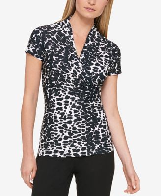 DKNY - Petite Animal-Print Draped Surplice Blouse