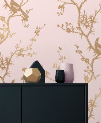 Tempaper - Bird Watching Rose Pink & Gold Self-Adhesive Wallpaper