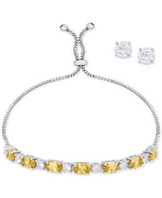 Macy's Brand - 2-Pc. Set Cubic Zirconia Slider Bracelet & Stud Earrings in Fine Silver-Plate