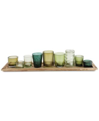 3R Studio - 10-Pc. Wood Tray & Green Glass Votive Holders