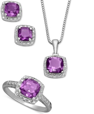Macy's Brand - Sterling Silver Jewelry Set, Cushion Cut Amethyst Pendant, Earrings and Ring Set (4-1/3 ct. t.w.)