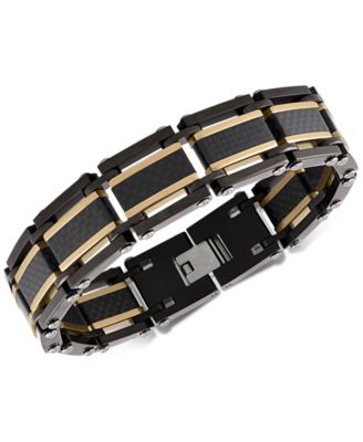 Esquire Men's Jewelry - Two-Tone Square Link Bracelet in Black & Gold Ion-Plated Stainless Steel & Black Carbon Fiber