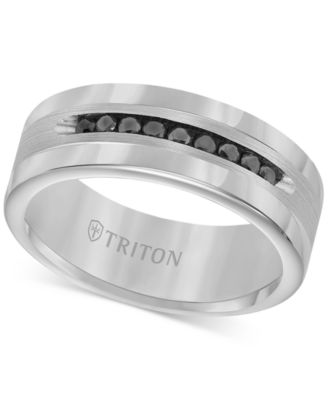 Triton - Men's Tungsten and Sterling Silver Ring, Channel-Set Black Diamond Accent Wedding Band