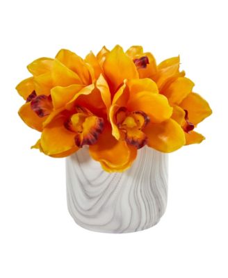 Nearly Natural - Cymbidium Orchid Artificial Arrangement in Marble Vase