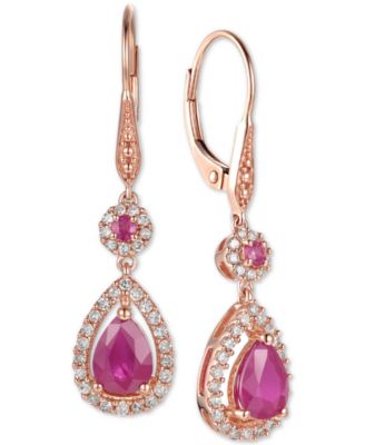 Macy's Brand - Ruby (1-5/8 ct. t.w.) and Diamond (1/3 ct. t.w.) Teardrop Halo Drop Earrings in 14k Rose Gold
