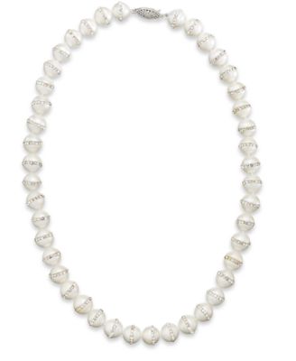 Macy's - Sterling Silver Necklace, Cultured Freshwater Pearl (10-11mm) and Crystal Halo Necklace