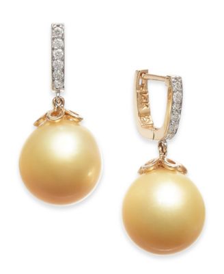 Macy's - Cultured Golden South Sea Pearl (10mm) & Diamond (1/10 ct. t.w.) Dangle Drop Earrings in 14k Gold