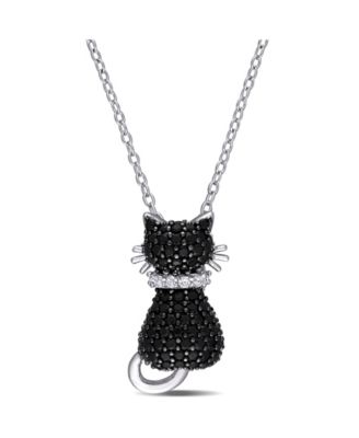 Macy's - Black Spinel (2 1/3 ct. t.w.) and Created White Sapphire Accent (0.06 ct. t.w.) Kitty Cat Necklace in Sterling Silver