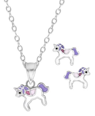 Rhona Sutton - Children's Sterling Silver Purple Unicorn Pendant Necklace Stud Earrings Set