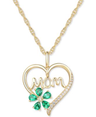 Macy's Brand - Lab-Created Emerald (5/8 ct. t.w.) & Lab-Created White Sapphire (1/10 ct. t.w.) Mom 18" Pendant Necklace in 10k Gold