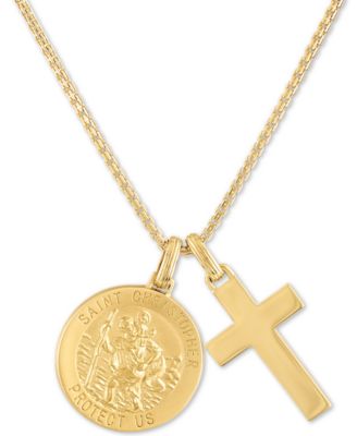 Esquire Men's Jewelry - St. Christopher & Cross 24" Pendant Necklace in 14k Gold-Plated Sterling Silver