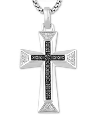Macy's Brand - Men's Black & White Diamond Cross 22" Pendant Necklace (1/5 ct. t.w.) in Sterling Silver