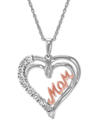 Macy's - Diamond Heart Mom 18" Pendant Necklace (1/10 ct. t.w.) in Sterling Silver and 14K Rose Gold-Plate