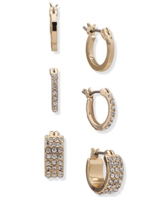 DKNY - Gold-Tone 3-Pc. Set Extra-Small Pav&eacute; Hoop Earrings, 0.48"