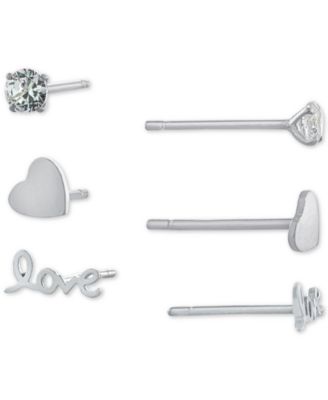 Giani Bernini - 3-Pc. Set Cubic Zirconia & Love-Themed Stud Earrings in Sterling Silver