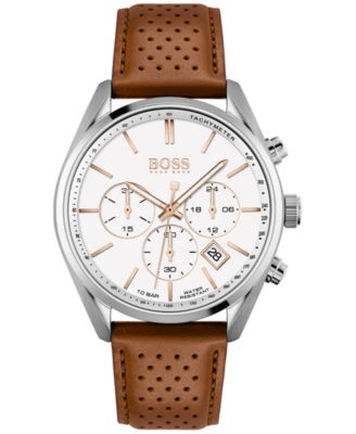 BOSS - Men's Chronograph Champion Brown Perforated Leather Strap Watch 44mm