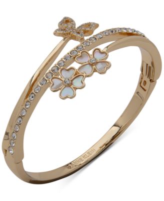 Anne Klein - Gold-Tone Pav&eacute; Butterfly & Mother-of-Pearl Flower Bangle Bracelet