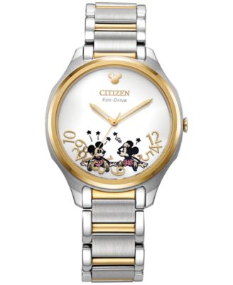 Citizen - Women's Eco-Drive Falling Mickey & Minnie Two-Tone Stainless Steel Bracelet Watch 35mm