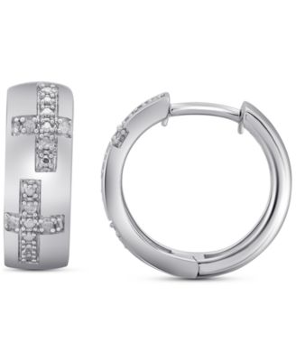 Macy's Brand - Men's Diamond Cross Small Huggie Hoop Earrings (1/20 ct. t.w.) in Sterling Silver, 0.63"