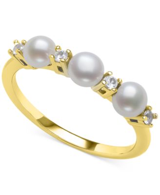 Belle de Mer - Cultured Freshwater Button Pearl (4mm) & Lab-Created White Sapphire (1/6 ct. t.w.) Ring in 14k Gold-Plated Sterling Silver
