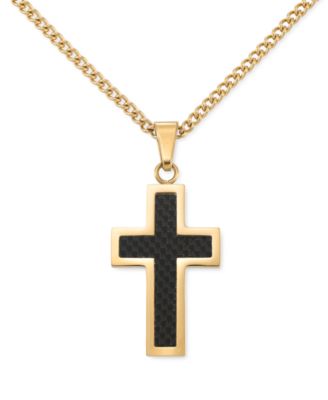 LEGACY for MEN by Simone I. Smith - Black Carbon Fiber Cross 24" Pendant Necklace in Gold-Tone Ion-Plated Stainless Steel