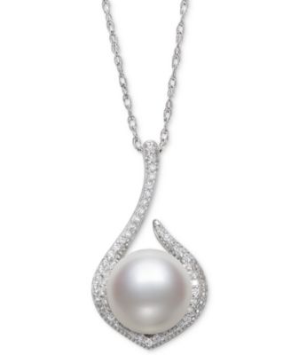 Belle de Mer - Cultured Freshwater Button Pearl (10mm) & Cubic Zirconia 18" Pendant Necklace in Sterling Silver