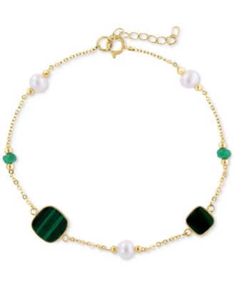 EFFY Collection - Freshwater Pearl (4-1/2mm), Malachite, & Emerald (1/4 ct. t.w.) Link Bracelet in 14k Gold