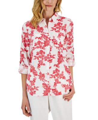 Charter Club - Petite Linen Blossom Roll Tab Shirt