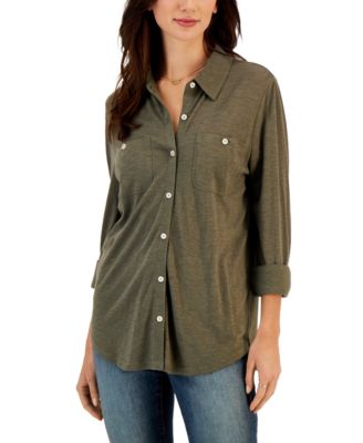 Style & Co - Petite Button-Front Collared Shirt Top