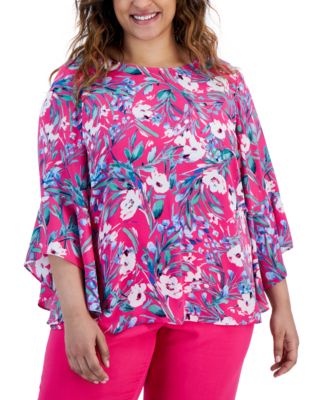 Kasper - Plus Size Floral-Print Ruffle-Sleeve Blouse