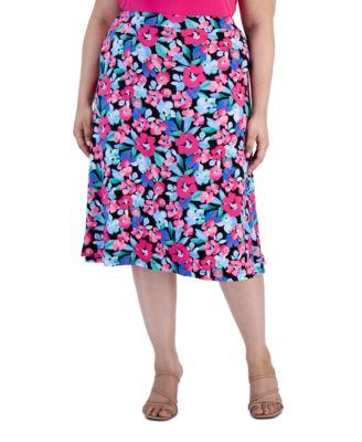 Kasper - Plus Size Floral-Print Pull-On Flared Midi Skirt