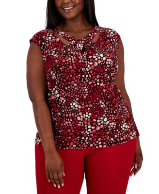 Kasper - Plus Size Cap-Sleeve Dot-Print Twisted-Neck Top
