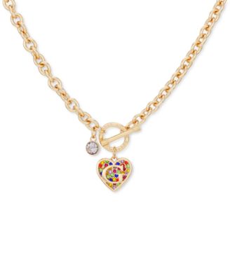 GUESS - Gold-Tone Rainbow Pav&eacute; Logo Heart 17" Pendant Necklace