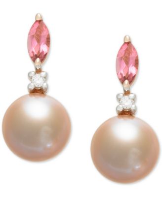 Macy's Brand - Pink Cultured Freshwater Pearl (7mm),Pink Tourmaline (1/3 ct. t.w.) & Diamond Accent Drop Earrings in 14k Rose Gold